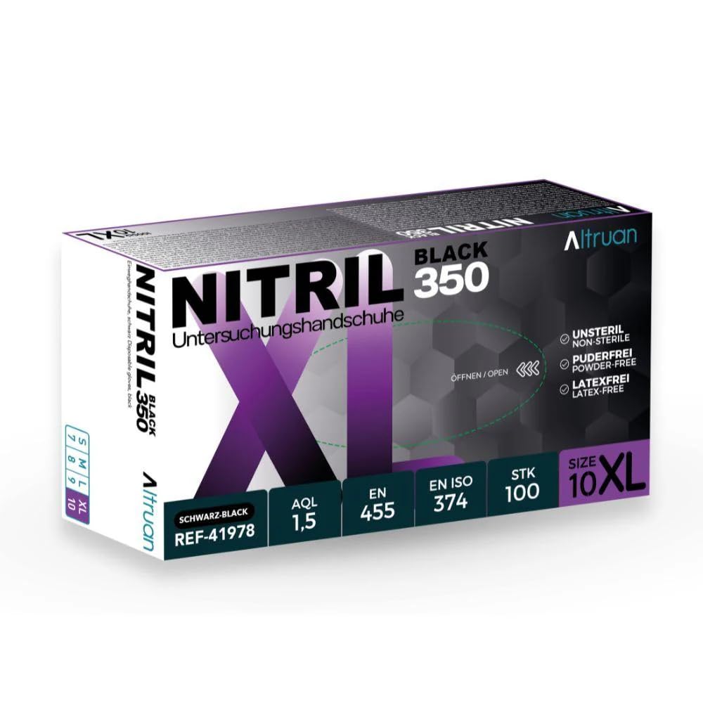Guanti in nitrile 100/1000 pezzi, blu/nero, nitrile 350, usa e getta, guanti monouso, senza polvere, senza lattice, taglia S - XL (nero, XL, cartone)