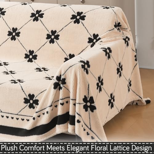 Image of HOKIPO Soft Plush Sofa Throw Cover for 3 Seater Sofa - Luxury All-Season Sofa Cover, 'Noirea Series' Floral Lattice (180x310 cm) (AR-6653-D4)