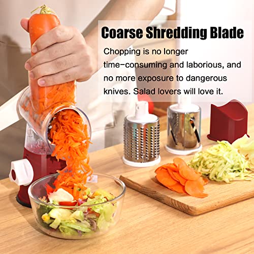 Bleum Cade Cheese Grater Rotary, 3 In 1 Cheese Grater With Handle, Food Shredder With Strong Suction Base, Stainless Steel Cheese Slicer Rotary Grater For Kitchen Cheese, Vegetables, Nuts(Red) #TOP2