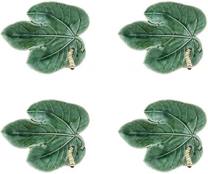 Bordallo Pinheiro Countryside Leaves Fig Leaf with Caterpillar Plates, Set of 4