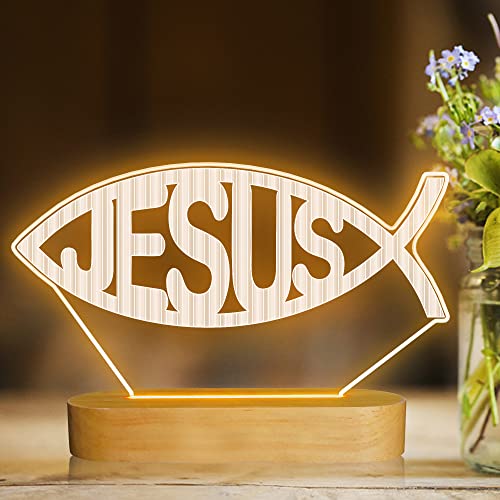 Image of Attivolife Jesus Fish Shape 3D Night Light, LED Wooden Illusion Optical Warm Color Table Lamp, Best Room Decoration Birthday Christmas Religious Christian Mothers Day Gifts for Women Man Friend