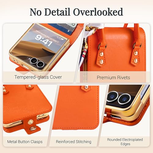 Image of for Samsung Galaxy Z Flip 7 Case, Cute Mini Handbag Wallet Phone Case with Card Holder, Silk Scarf & Handle Strap, Luxury PU Leather Protective Cover - Orange