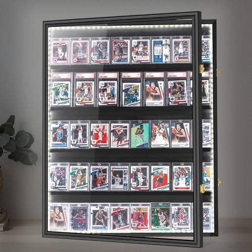 Kacorn Baseball Graded Sport Card Display Case with LED Light, Large 40 Cards Display Case Wooden Wall Cabinet for Basketball Football Hockey Trading Cards Display Collectibles Souvenirs