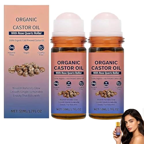 Organic Castor Oil Rose Quartz Roller Ball 100% Pure Castor Oil Organic Cold Pressed for Face and Body Hair Eyebrows Moisturize Skin Glass Bottle 1.7oz (2PCS)
