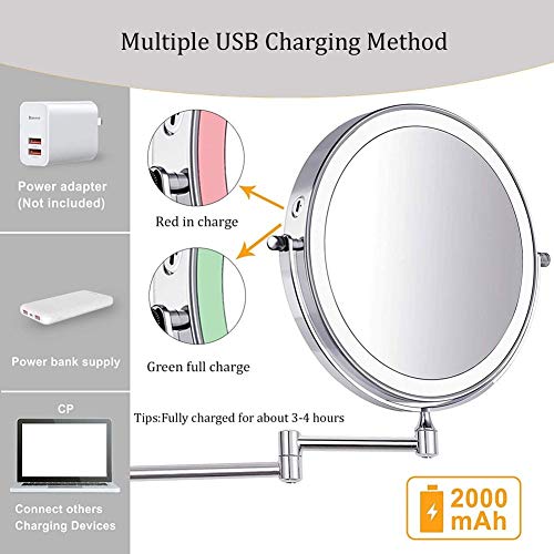 Miroir de maquillage 10X mural 8 pouces rechargeable à 3 couleurs LED - 8