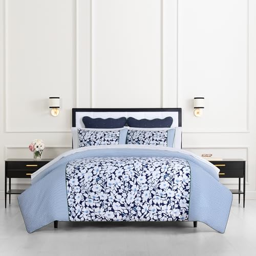 Kate Spade New York Anemone Field King Comforter Set, 100% Cotton Reversible Cover, All Season 3 Piece Bedding, Machine Washable, Blue Multicolor