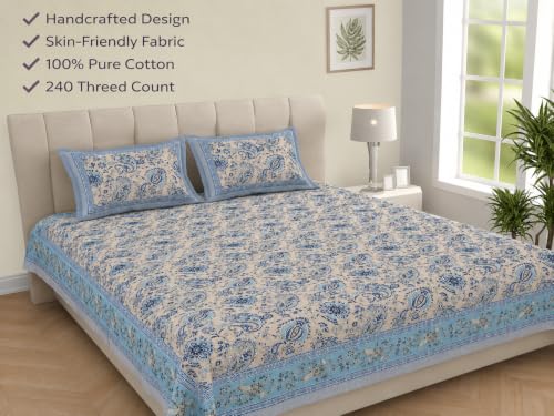 Image of ElanorHomes 240 TC Cotton Double King Size Bedsheet | Ultra-Soft & Skin-Safe | Breathable Summer Comfort | 93x108 inches with 2 Pillow Covers (Silver Breeze)