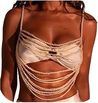 White Pearl Vest Harness Bra Chain Jewelry Multilayered Beads Chest Chain Festival Rave Pearl Lingerie Chain Body Jewelry for Women