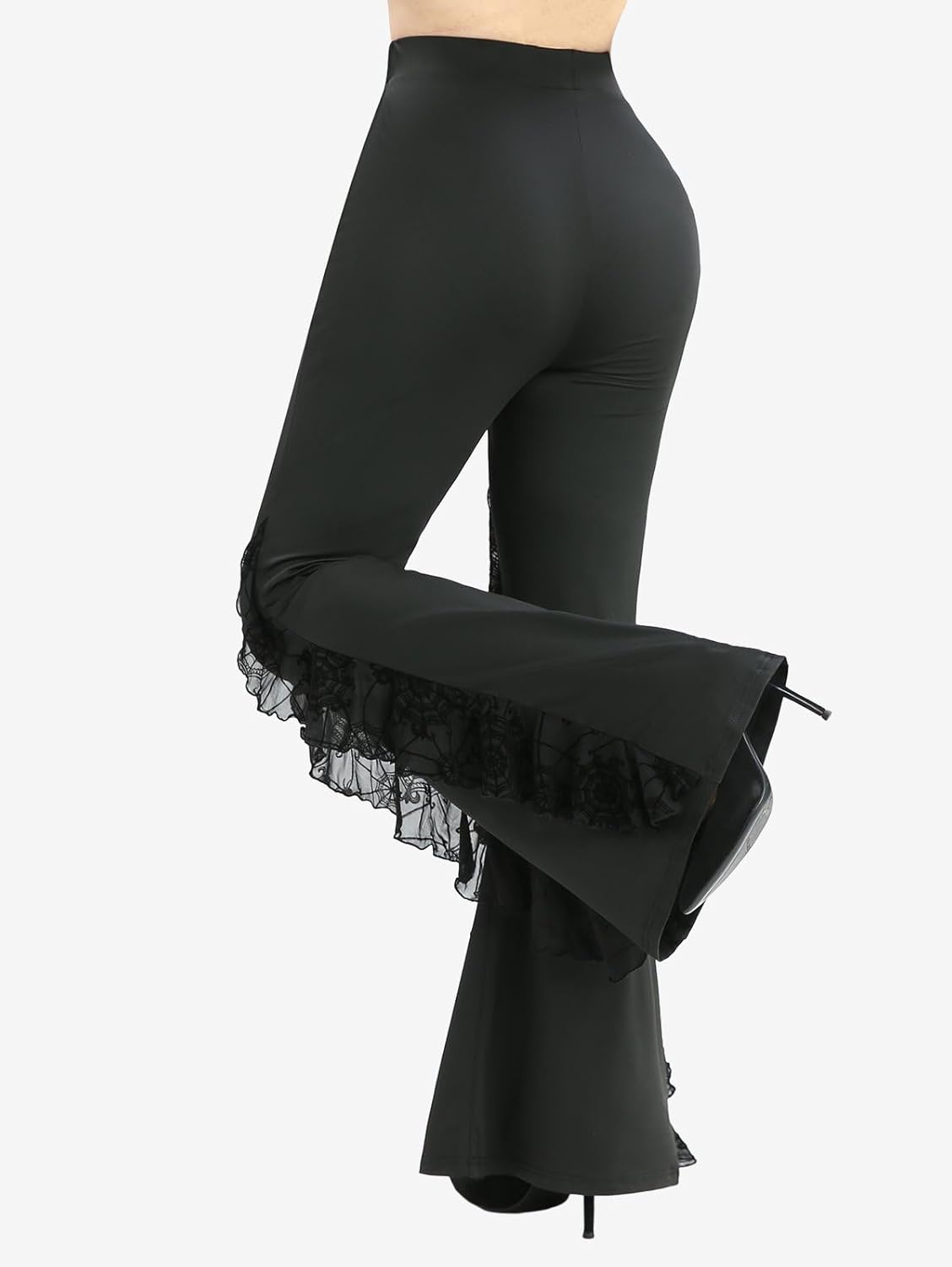 ROSE GAL Plus Size Women Gothic High Waisted Flare Pants Flocking Spider Web Mesh Bell Bottom Pants with Pockets - Image 3