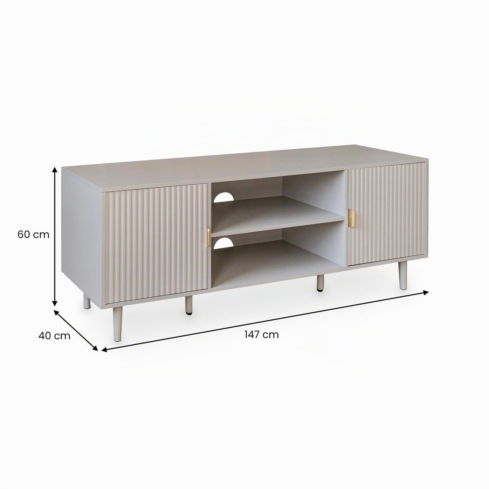 Lowboard ZELDA 150 cm, Kaschmir/Hellgrau - Modernes TV Lowboard mit Lamellenfront, Wohnzimmermöbel aus robustem MDF und Metallgestell, TV Schrank mit 2 Türen, offenes Mittelfach und Kabeldurchführung