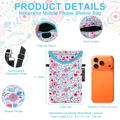 Image of POVESTE Neoprene Cell Phone Sleeve Pouch Case Bag with Crossbody Strap Lanyard for Women, Flap Closure Secure Cell Phone Bag with Pocket for Cards, Cash. (White Garden Flower)