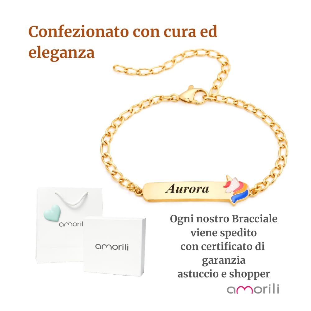 Bracciale Bimba Personalizzato Personalizzabile con Incisione Nome in Acciaio Inox Dorato – Ciondolo Unicorno Smaltato – Braccialetto Bambina Regolabile – Idea Regalo Elegante