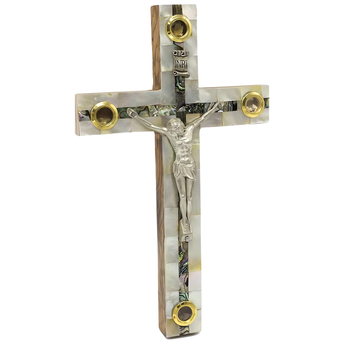 Spring Nahal Olive Wood Mother of Pearl Cross – Hand-Carved Christian Cross with Silver Jesus Figure from Holy Land Jerusalem (20cm / 8")