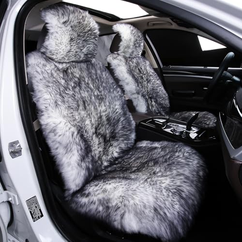 Image of AOGELAN Fluffy Sheepskin Car Seat Cover Long Wool Seat Cover Wolf Tipped