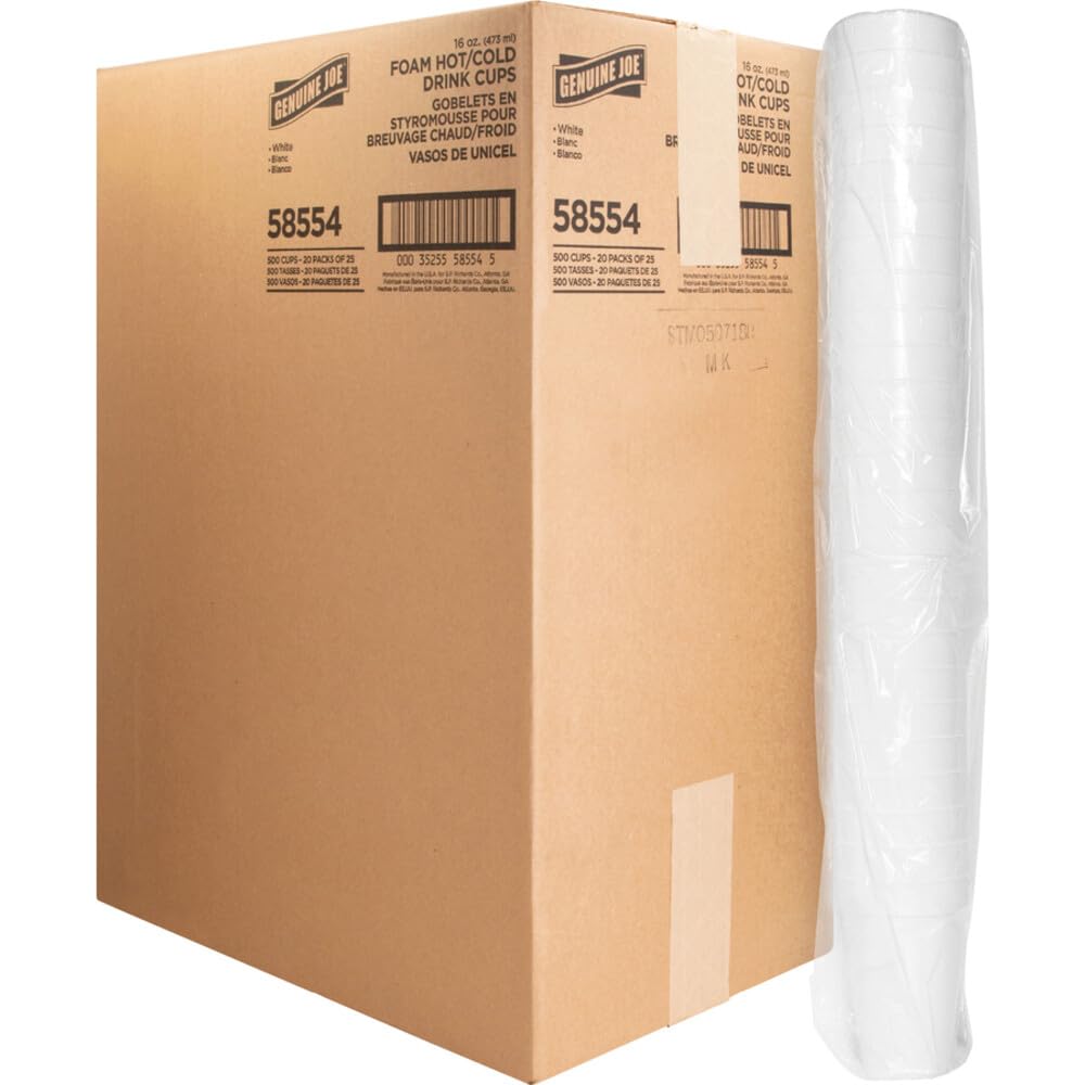 Hot/Cold 16oz Foam Cups (Pack of 500) by Genuine Joe – 16oz, 16.0 fluid_ounces, Foam, White, Pack of 500