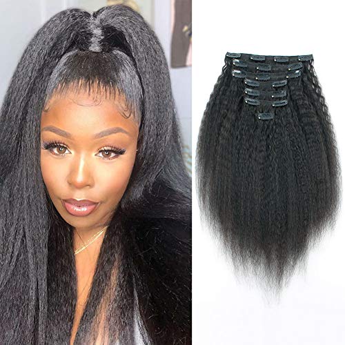Sixstarhair 14inch Kinky Straight Clip In Hair Extensions Human Hair Natural Black Brown Coarse Yaki Clip On Extensions For African American Women 7 Pieces 120 grams per Pack