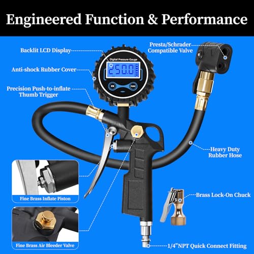 Image of Digital Bike Tire Pressure Gauge, Presta Valve Adaptor, Schrader to Presta Valve Adapter for Air Compressor, Schrader Valve Adapter, Easiest Use Presta and Schrader Air Compressor Tool