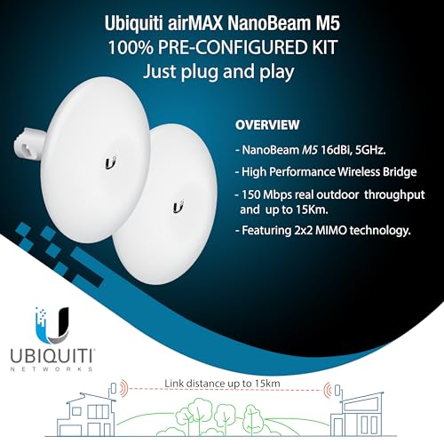 Puente Inalámbrico Ubiquiti NBE-M5-16 Preconfigurado, Paquete de 2 NanoBeam M5, Puente WiFi Exterior Punto a Punto, Plug and Play, 5 GHz, 150+ Mbps, Alcance de Enlace de 15+ km miniatura 2