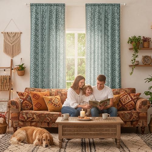 Image of Boho Curtains 63 Inch Long for Living Room, Bedroom, 2 Panels Floral Farmhouse Vintage Tassel Semi Sheer Light Filtering Privacy Window Curtain Drapes with Rod Pocket,Gray