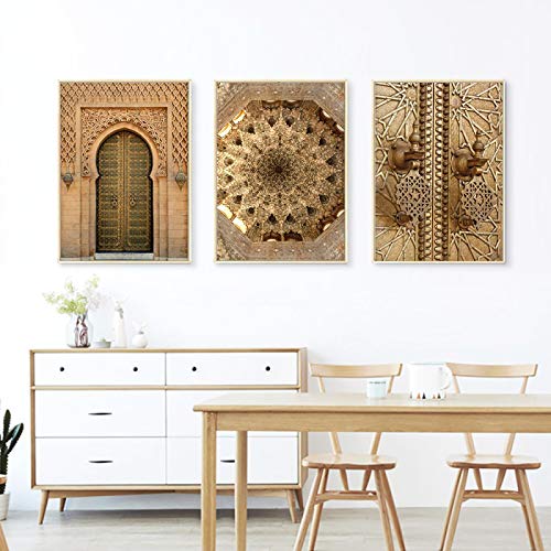 Oeuvre d'art porte marocaine dorée en triptyque sur toile haut de gamme 50x75cm