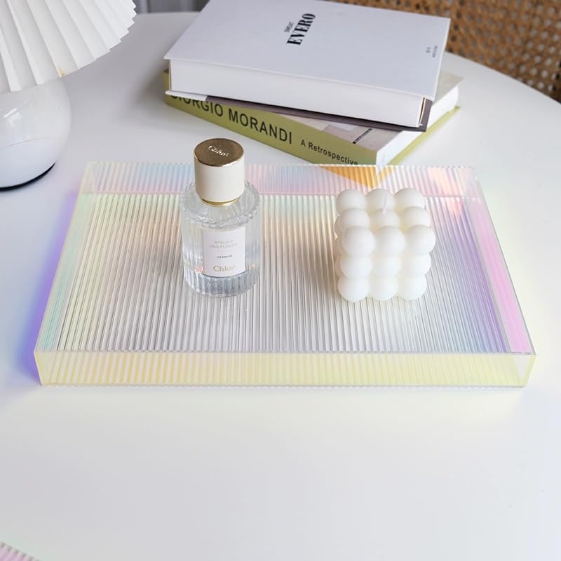 Rainbow Acrylic Vanity Trays,Iridescent AcrylicStorage Tray,Makeup Storage Organizer for Vanity, Dresser, Bathroom, Living Room, Coffee Table (11.81''x7.87''x1.18'', Rainbow)