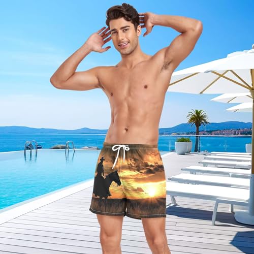 Mens Swim Trunks with Liner, Sunset Westen Cowboy Cool Quick Dry Beach Swim Shorts, Swimwear Bathing Suits S4