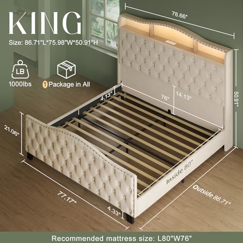 Image of Belffin King Size Bed Frame and Headboard, 50.9 inch Velvet Upholstered Wingback Bedframe with LED Lights & Storage /Charging Station, Button Tufted Tall Footboard, No Box Spring Needed, Noise-Free, Beige
