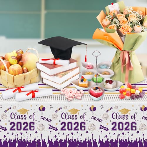 Image of Graduation Decorations Class of 2026 Tablecloth - 3 Pcs Plastic Congrats Grad Table Cloth, Graduation Table Cover for Graduations Party Decorations 2026 and Party Supplies, 54 inchx108 inch (Purple and Gold)