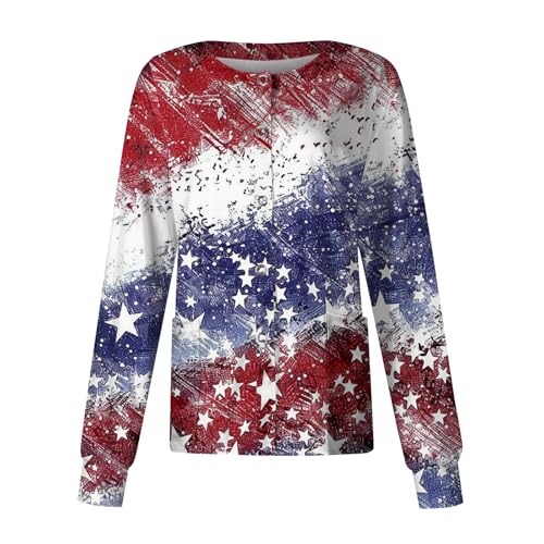 Women's Nurse Scrub Jacket 4th of July Patriotic Floral Print Long Sleeve Button Up Scrub Top Fourth of July Plus Size American Flag Print Nurse Uniform with Pockets Blue XL