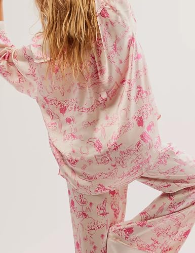 Image of Yimoon Satin Pajama Set for Women Silk Pajamas Set 2 Piece Floral Cute Pj Set Long Sleeve Pjs Sleepwear