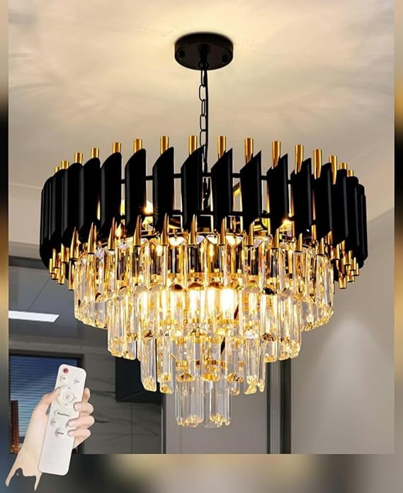 Image of Modern Ceiling Lamp 4-Tier Round Crystal Chandelier for Living Room | Bluetooth Remote Control and Moving Round| Speaker+ Multi Color LED Light (Remote Black Gold, 500MM)