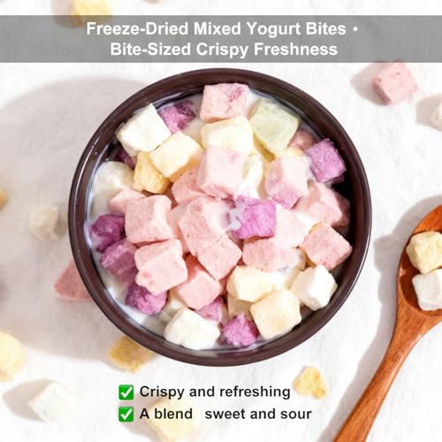 Freeze Dried Yogurt Chunks 5.3 oz, Freeze Dried Ice Cream Crispy Skin Mixed with Fruit Flavors, Mango, Strawberry, Blueberry and Original Flavors Assorted Pack,Yogurt Fruit Snacks,Milk Suga