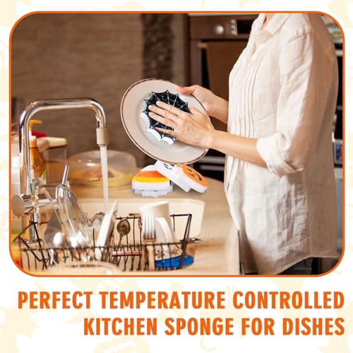 Image of 8Pcs Halloween Kitchen Sponges Water Absorbing Wood Pulp Sponges Cute Ghost Pumpkin Corn Spider Web Dish Washing Sponge for Kitchen Bathroom Home Cleaning