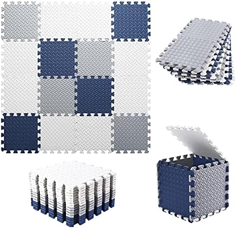 Tamiplay 16 Tiles Foam Play Mat, 0.4 Inch Thicked Interlocking Floor Mats with Solid Colors, Squares Baby Play Mat, EVA Foam Puzzle Floor Mat Foam Mats for Kids, Baby(White/Light Gray/Dark Blue)