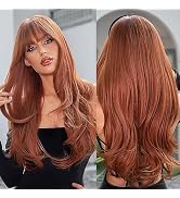 Allbell Long Wavy Ginger Wig with Bangs Red Brown Auburn Wigs for Women Heat Resistant Synthetic ...