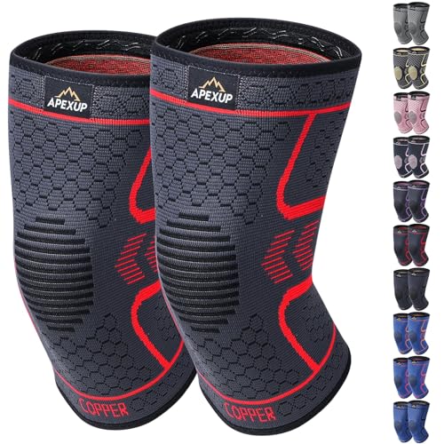 APEXUP Compression Knee Brace for Women, Copper Compression Sleeve for Knee Support, Arthritis Pain Relief, Meniscus Tear, ACL, Running Dark Grey+Red
