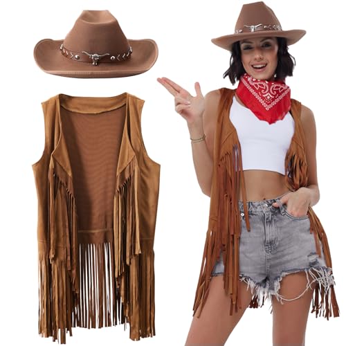 PARTTELY Western Cowgirl Outfits for Women, 70s Hippie Costume Cowgirl Tassels Fringe Vest, Cowboy Hat for Women, Bandana