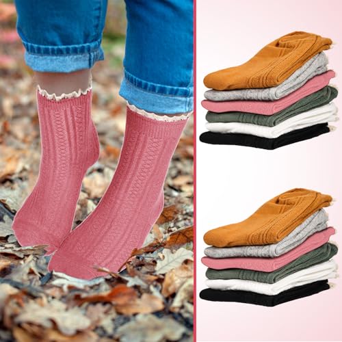 Image of Syhood 6 Pairs Women Ruffle Socks Frilly Lace Trim Cotton Cute Vintage Dress Crew Ankle Boot Socks