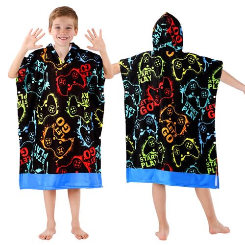 Gooddooes Kids Hooded Beach Towels Wrap for 2-6 Years,Cute Gamepad Theme Boys Swim Cover Up for Bathroom，22"x26" Quick Dry Black Bath Towel Poncho,