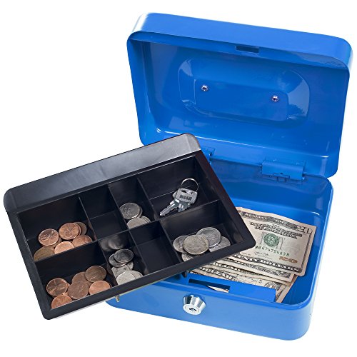 Lockbox Safe With Coin Compartment Tray- Secure And Organize Small Valuables In Key Locked Durable Powder Coated Metal Cash Box Safe- Blue By Stalwart #TOP1