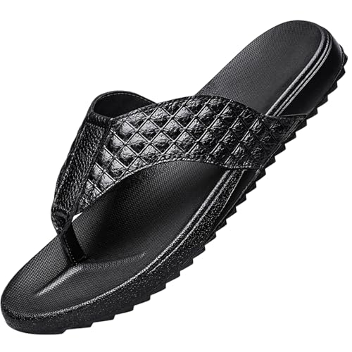 Men's Leather T-strap Flat Beach Flip Flops Summer Comfortable Soft Bottom Slip On Causal Thong Slides Sandals for Vacation walking Work