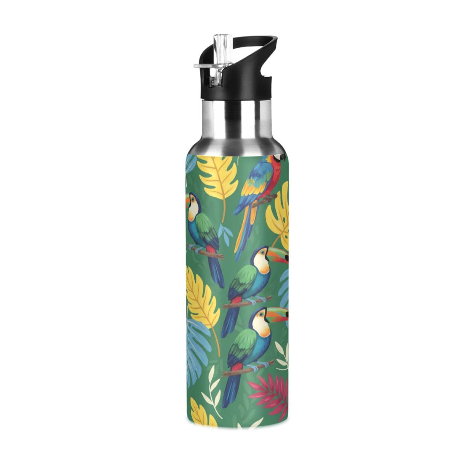 BOESI Parrot Toucan Leaf Pattern Insulated Water Bottle 600ml, Stainless Steel Vacuum Sports Bottle with Straw, Leak Proof Thermal Bottle for Gym Travel Outdoor