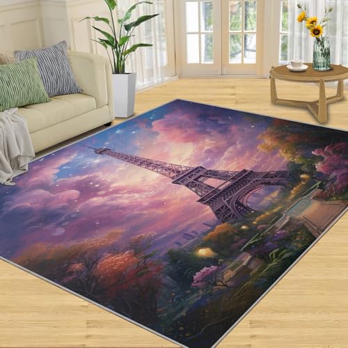 YXQAIED Tapis d'entrée, 60 x 90 cm, motif Tour Eiffel romantique, tapis pour salon, chambre à coucher, architecture parisienne, lavable, antidérapant, pour...