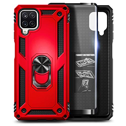 NZND Case for Samsung Galaxy A12 with Tempered Glass Screen Protector (Maximum Coverage), Metal Magnetic Ring Stand Holder, Full-Body Military Shockproof Protective Heavy Duty Phone Case (Red)