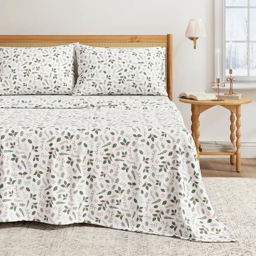 GIGBEI Christmas flannel sheet set, king size, 100 turkish cotton, double-brushed, ultra-soft, cozy, 4-piece holiday bedding set, little holly, adjustable, lightweight,