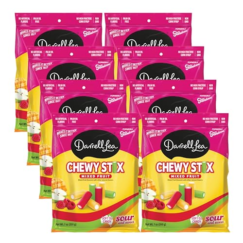 Darrell Lea Chewy Stix, Sour & Sweet, Palm Oil Free, Made in Australia, Shareable, Sour Mixed Fruit, 7 Ounce (Pack of 8)