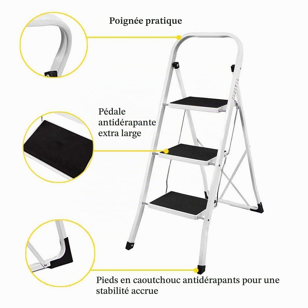 Escabeau Pliable en Acier 3 Marches Portable et Léger Charge Max 150KG Pour Ménage, Bureau, Peinture et Décoratif