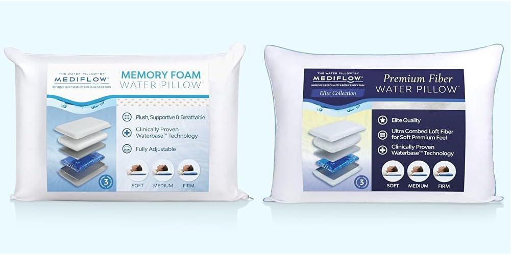 Water Pillow Memory Foam re-Invented with Waterbase Technology & Water Pillow - Elite Collection, Fiber Pillow. Orthopedic Pillow for Neck Pain Relief