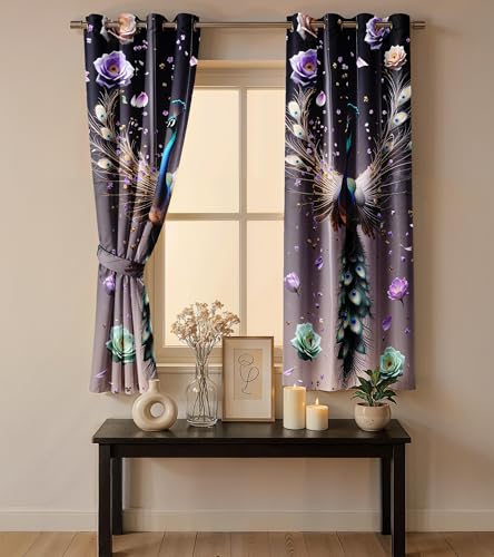 Image of Ultimate Trends Room Darkening Digital Printed Peacock Prints Curtain 65-70% Opacity,Diamond Eyelets, Tie Back, 7 FEET Pack of 2,Pewter Gray & Black