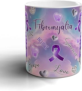 Fibromyalgia Purple Ribbon Mug with Personalisation, Gnome Custom Purple Ribbon Awareness Sublimated Cup of Positivity (Fibroyalgia)